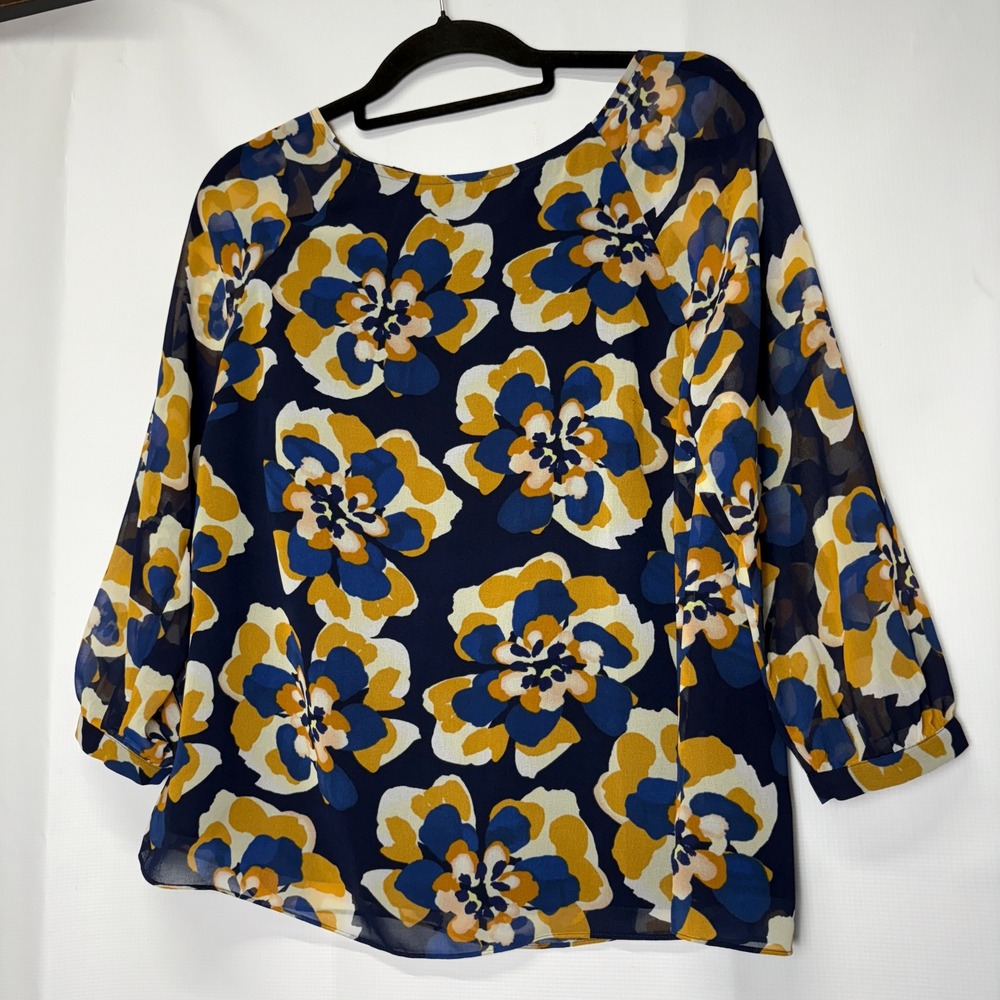 Cabi Women's Floral Blouse Top Sheer Navy Blue Gold Small S